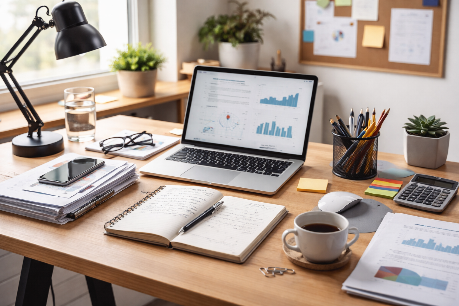 Strukturierter Büroalltag mit Laptop und Unterlagen